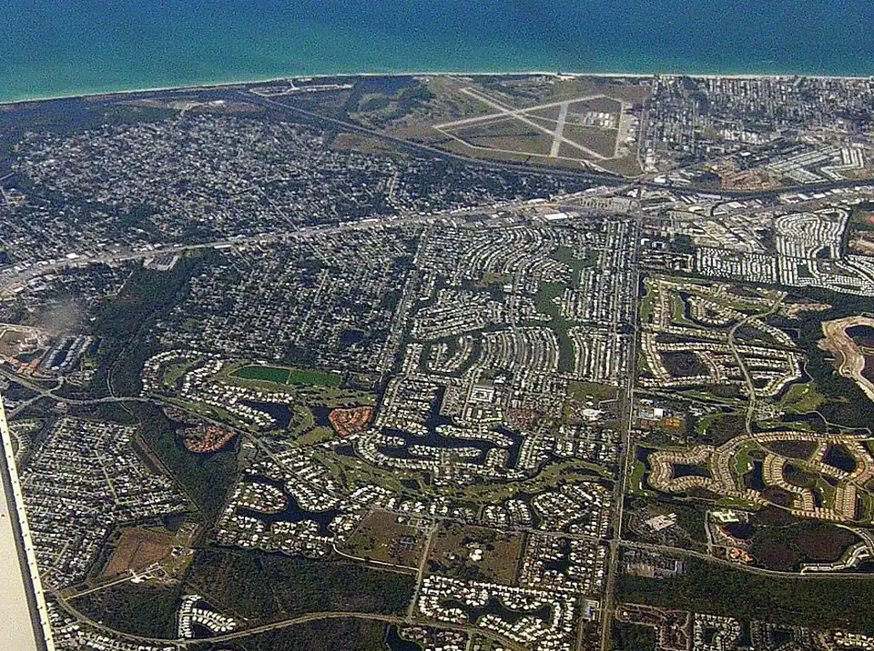 Aerial view of Venice, Florida — the municipal airport, the Intracoastal, and the Gulf coastline