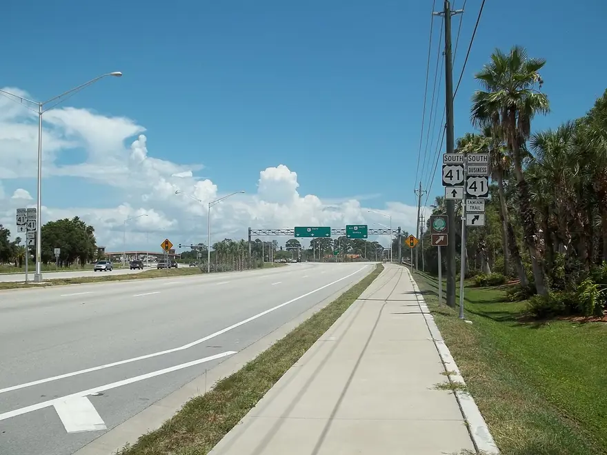 US 41 looking south in Venice, Florida, with palm trees and highway shields