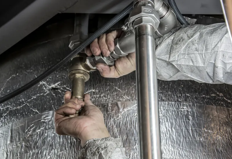 Plumber's hands installing steel pipe fittings